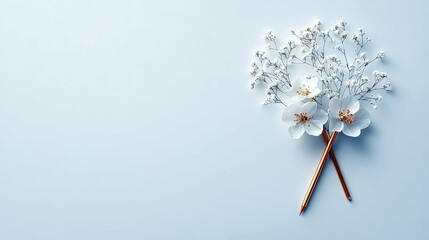 A minimalist composition featuring two delicate white flowers and sprigs of baby's breath artfully arranged with two crossed copper pencils on a soft, light blu