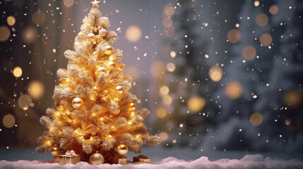 Magical Golden Christmas Tree with Sparkling Lights, Presents, and Falling Snow on a Winter Night. Festive Holiday Background with Bokeh.