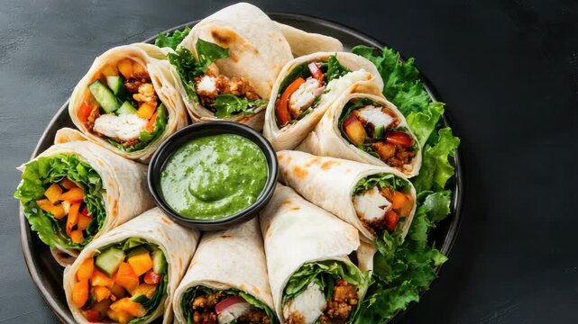 Grilled chicken lettuce tortilla wrap platter with avocado sauce for colorful healthy party