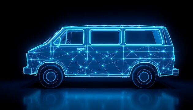Blue Wireframe Van Outline with Digital Network Connections on Black vehicle transportation - Powered by Adobe