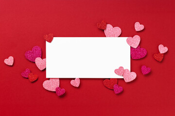 Valentine's day mockup with red and pink hearts on red background for 14 February.