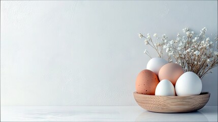 A close-up shot of a wooden bowl containing various eggs and dried white flowers, set against a simple, textured white wall.