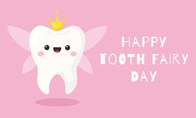 Happy Tooth Fairy Day greeting card, banner. Cute tooth fairy illustration