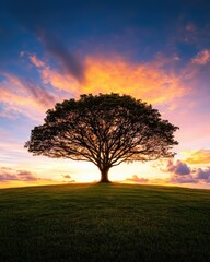 Obraz premium A solitary tree standing in the middle of a grassy field under a dramatic sunset sky