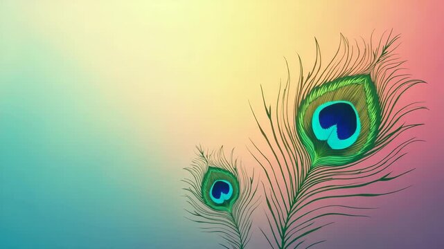 Peacock feathers background for vishu celebration. Elegant peacock feathers with vivid blue and green hues displayed on a soft pastel gradient background. Perfect for nature themes, decor, or creative