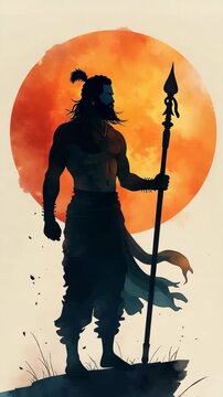 Parshuram Jayanti watercolor with silhouette of lord parshuram. Silhouette of a strong warrior standing on a hill, holding a spear, with a dramatic orange sunset in the background. Artistic digital 