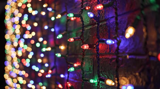 Twinkling colorful string lights against dark background. Festive holiday decoration glowing softly in a looping animation. Warm illumination for winter celebrations and joyful atmospheres. video