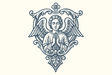 Praying angel in ornate frame engraving vector illustration