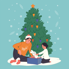 Man and child with gift and rabbit near christmas tree in cartoon winter scene