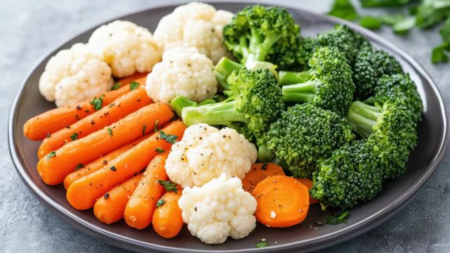 Steamed broccoli cauliflower baby carrot vegetable medley steamed vegetable healthy side dish