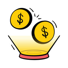 Digital hologram coin representing virtual currency, trendy doodle icon