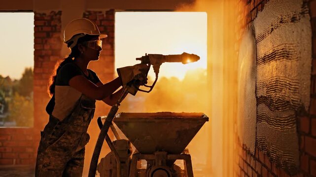 A woman in a hard hat operates a spraying machine to apply plaster on a brick wall during sunset. The warm sunlight casts a golden hue over the construction site.