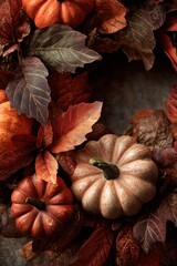 Autumnal Abundance - Pumpkins and Leaves in Warm, Rustic Tones.