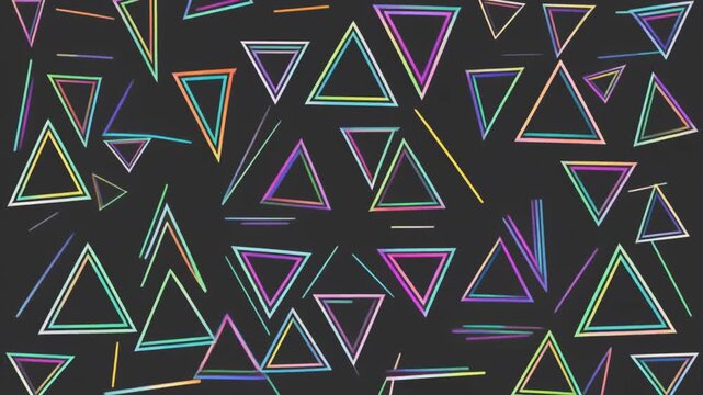 Abstract geometric background with colorful glowing triangles on a dark backdrop, modern digital art.