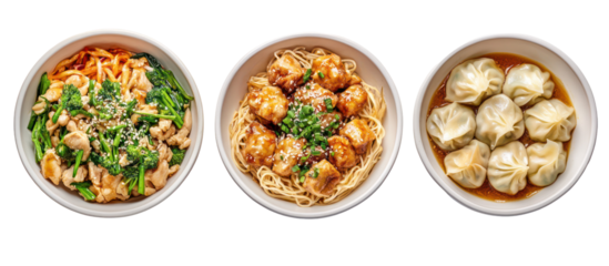 Three bowls side by side honey garlic chicken flying over bowl on transparent background