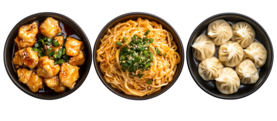 Three bowls side by side honey garlic chicken flying over bowl on transparent background