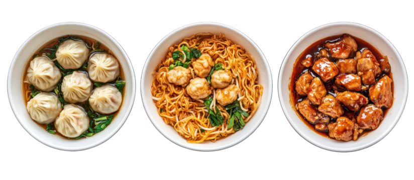 Three bowls side by side honey garlic chicken flying over bowl on transparent background