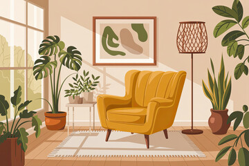 - Illustrated cozy living room interior with yellow armchair and plants