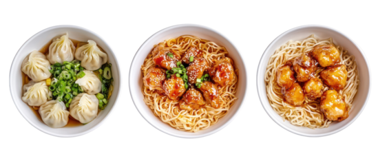 Three bowls side by side honey garlic chicken flying over bowl on transparent background