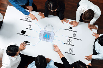 A diverse team collaborates around a table, discussing concepts of artificial intelligence security. Focus areas include trustless security, user authentication, and agile practices. Trope