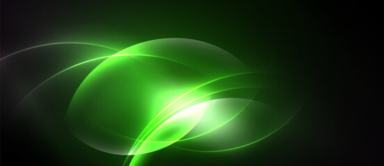 Abstract green light shapes overlap, creating luminous curves. Dark background emphasizes bright energy, smooth gradients present.