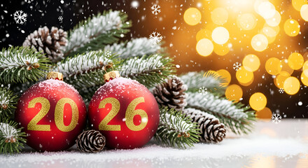 2026 Happy New Year and Merry Christmas Red Bauble Ornaments with Golden Numbers Lying on Snow Next to Fir Branches and Pine Cones Against a Bright Bokeh Light Background