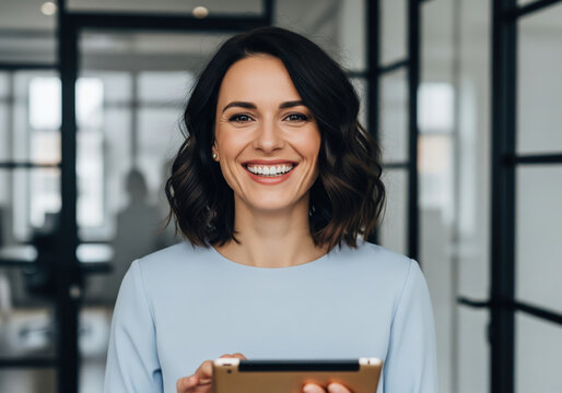 Portrait of a smiling businesswoman holding a digital tablet in a modern corporate office environment