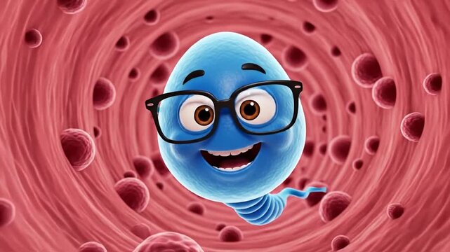Clever sperm cell journey: A charming sperm cell with stylish glasses embarks on a bold journey through a red and textured channel.