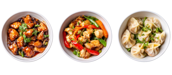 Three bowls side by side kung pao chicken flying over bowl still motion on transparent background