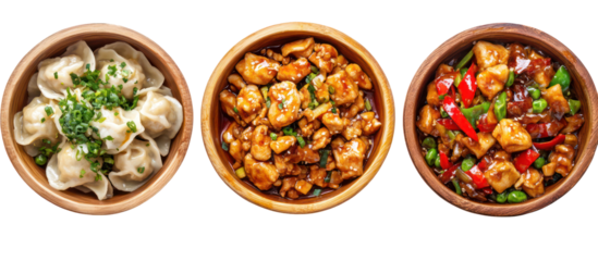 Three bowls side by side kung pao chicken flying over bowl still motion on transparent background