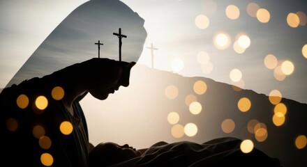 Double exposure depicting a woman holding a baby with hills and crucifixion cross. Concept of Christmas and Easter holiday.