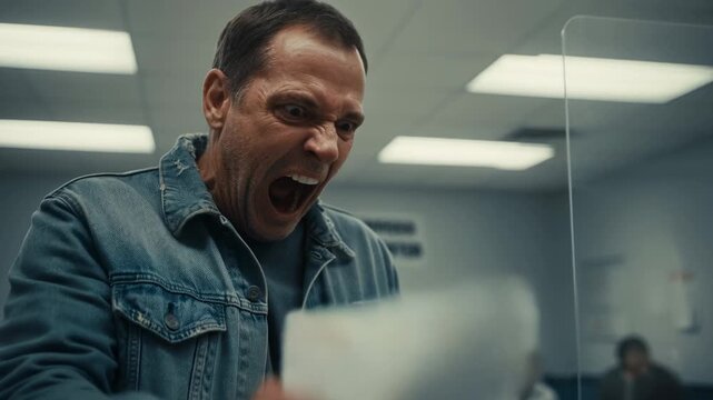 A man displays anger and disappointment as he reads a concerning letter while in a crowded health center waiting room. Nearby patients react to his outburst.