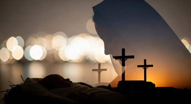 Double exposure image with silhouette of a woman over an infant and crucifixion crosses. Birth and death concept, sacrifice. For Easter, Christmas.