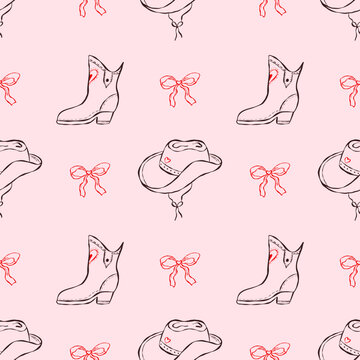 Wedding whimsical seamless pattern with cowgirl boots, western cowboy hats and cute bows on pink background. Perfect for wedding, bachelorette decor, party invitations, packaging with romantic charm