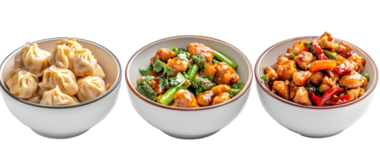 Three bowls of asian food isolated on transparent background