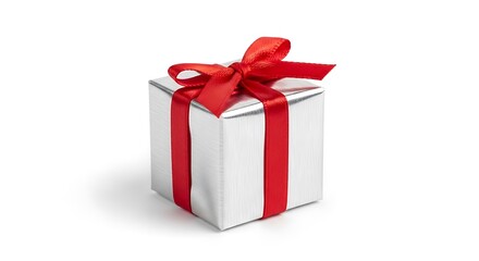 A beautifully wrapped silver gift box adorned with a vibrant red ribbon and elegant bow, perfect for celebrating special occasions, holidays, and joyous moments of giving.