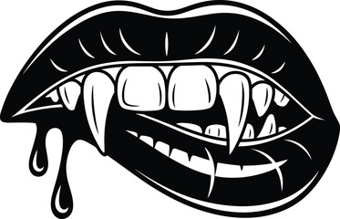 Black and white vampire lips illustration with sharp fangs and dripping blood, gothic spooky Halloween graphic design element for dark artwork