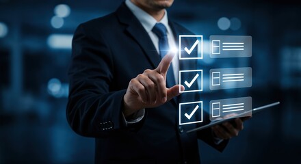 Businessman selecting digital checklist items on a futuristic virtual interface while holding a tablet in a modern corporate environment.