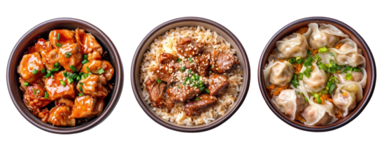 Three oval bowls of asian food isolated on transparent background