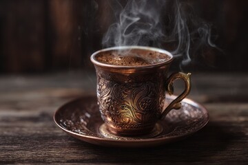 Steaming Turkish Coffee in Ornate Cup on Rustic Wooden Table.