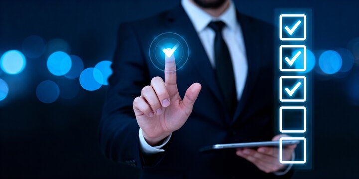Business professional interacting with futuristic digital checklist interface to confirm tasks and streamline workflow efficiency.