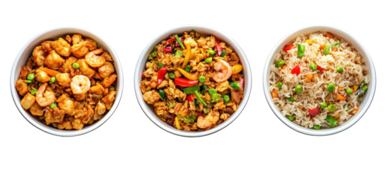 Three oval bowls of mixed fried rice dishes isolated on transparent background