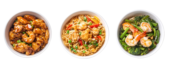 Three bowls of asian food isolated on transparent background