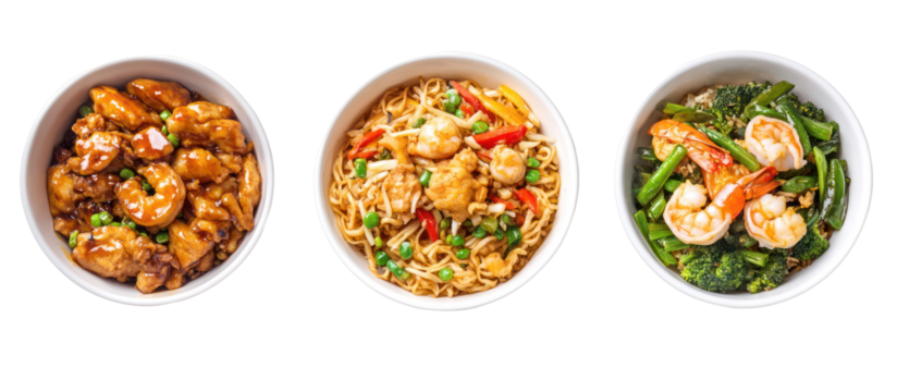Three bowls of asian food isolated on transparent background - Powered by Adobe