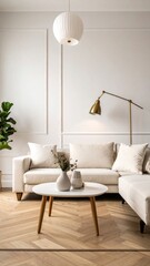 Modern Minimalist Living Room Interior with White Sofa and Stylish Decor.