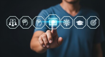 Man interacting with futuristic digital e-learning icons representing online education, global learning and personal development.