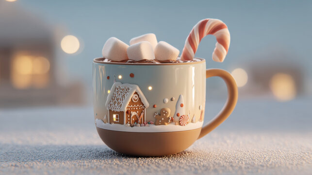 Festive mug of hot chocolate with marshmallows and candy cane in a winter scene
