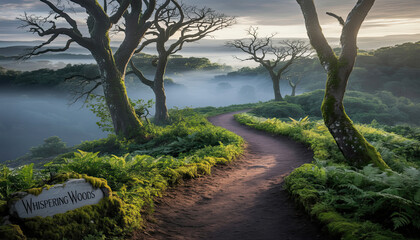 Fototapeta premium Misty forest path winding through trees with signpost in morning light 