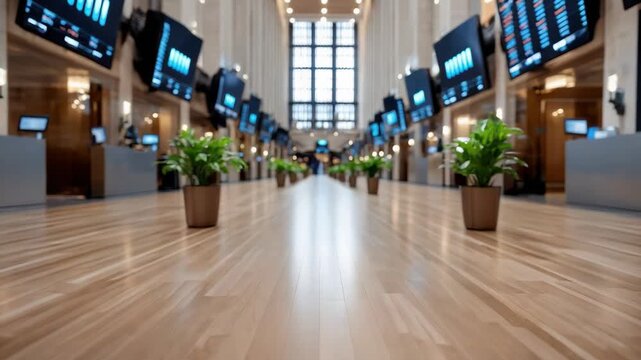 Spacious polished wood floor atrium and large polished wooden floor airy trading hall with rows