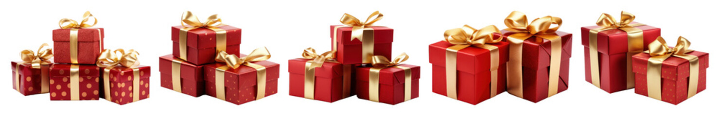 Fototapeta premium PNG Festive red gifts with bows, element set on transparent background